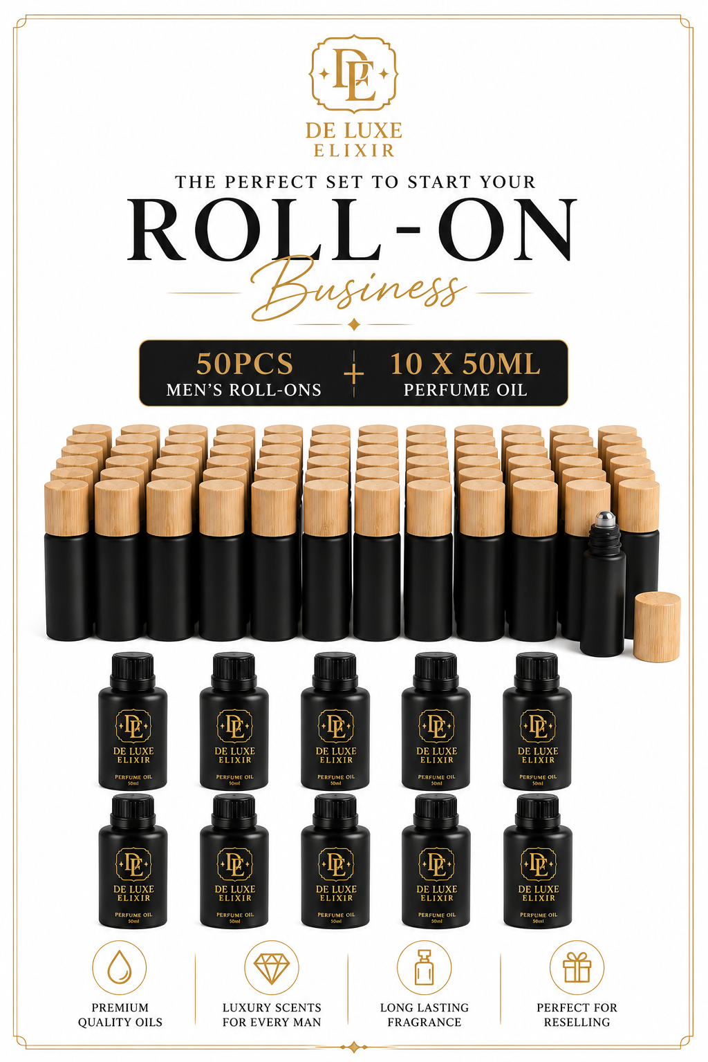 50PCS Men's Roll-On Starter Kit + 10 Perfume Oils